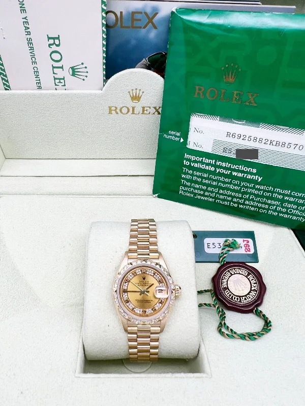 Rolex 69258 Ladies President Diamond Dial Bezel 18K Yellow Gold Box Paper