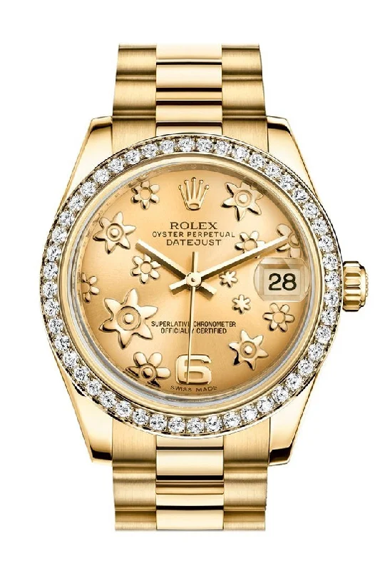 Rolex Datejust 31 Champagne Floral Motif Dial Diamond Bezel 18K Yellow Gold President Ladies Watch 178288