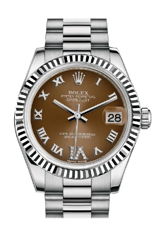 Rolex Datejust 31 Bronze Large VI Diamond Dial Fluted Bezel 18K White Gold President Ladies Watch 178279