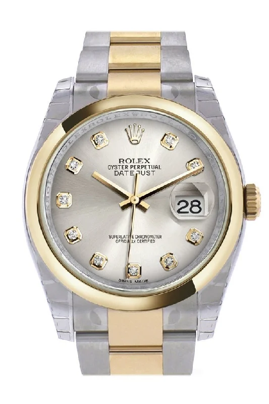 Rolex Datejust 36 Silver Diamond Dial 18k Gold Two Tone Oyster Watch 116203