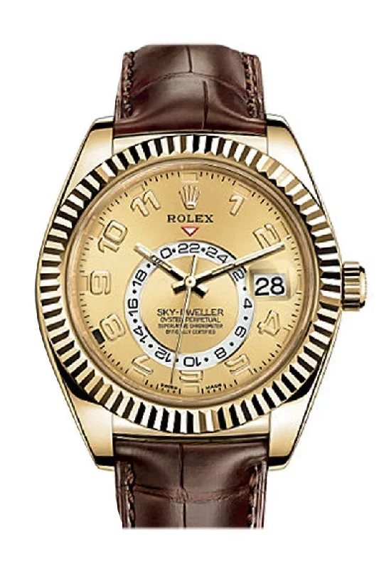 Rolex Sky Dweller Champagne Dial 18k Yellow Gold Brown Leather Strap Men's Watch 326138