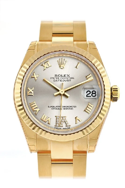 Rolex Datejust 31 Silver Large VI Rubies Dial Fluted Bezel 18K Yellow Gold Ladies Watch 178278