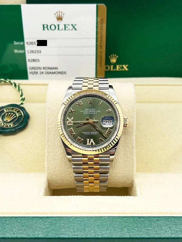 Rolex 126233 Datejust Olive Green Roman Diamond 18K Yellow Gold Steel Box Paper