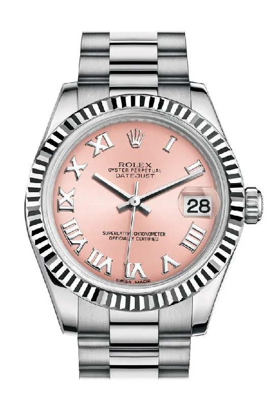 Rolex Datejust 31 Pink Roman Dial Fluted Bezel 18K White Gold President Ladies Watch 178279