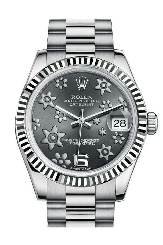 Rolex Datejust 31 Dark Rhodium Raised Floral Motif Dial Fluted Bezel 18K White Gold President Ladies Watch 178279