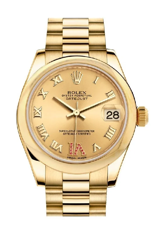 Rolex Datejust 31 Champagne Large VI Rubies Dial 18K Yellow Gold President Ladies Watch 178248