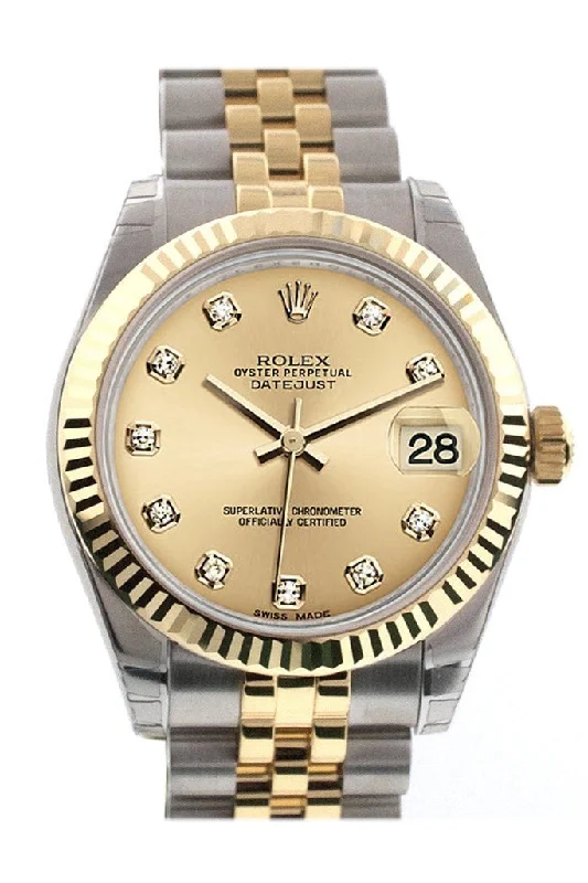 Rolex Datejust 31 Champagne Diamond Dial Fluted Bezel 18K Gold Two Tone Jubilee Ladies 178273