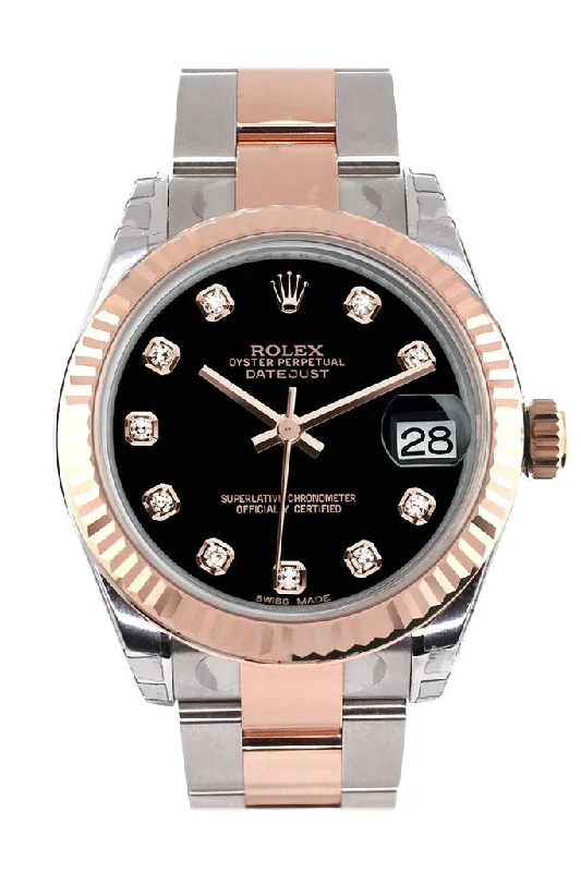 Rolex Datejust 31 Black Diamond Dial Fluted Bezel 18K Rose Gold Two Tone Ladies Watch 178271