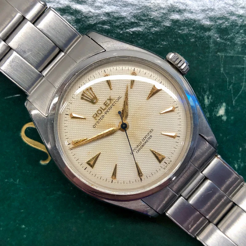 1958 Rolex Oyster Perpetual 6084 White Waffle Dial Big Logo Steel Rivet Bracelet Automatic Wristwatch