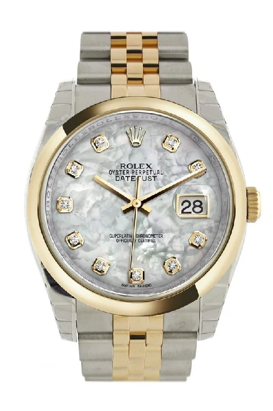 Rolex Datejust 36 White mother-of-pearl Diamond Dial 18k Gold Two Tone Jubilee Watch 116203