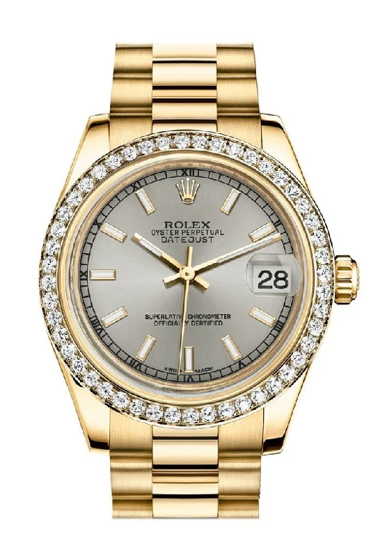 Rolex Datejust 31 Silver Dial Diamond Bezel 18K Yellow Gold President Ladies Watch 178288