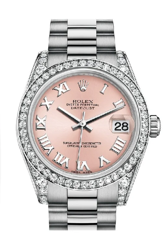 Rolex Datejust 31 Pink Roman Dial Diamond Bezel Lug 18K White Gold President Ladies Watch 178159