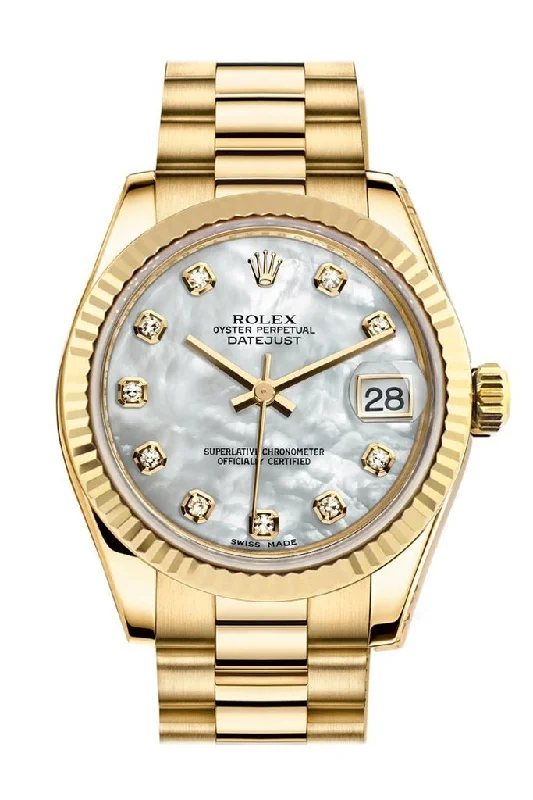 Rolex Datejust 31 White Mother of Pearl Dia Dial Fluted Bezel 18K Yellow Gold President Ladies Watch 178278