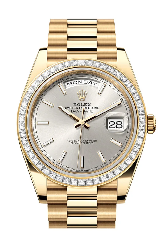 Rolex Day-Date 40 Silver Dial Baguette Diamond Bezel 18K Yellow Gold President Men's Watch 228398TBR