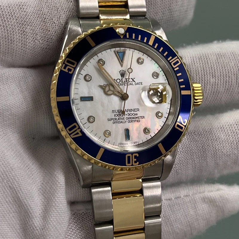 Rolex Submariner 16613 Mother of Pearl Serti Dial 18K Gold Stainless Steel