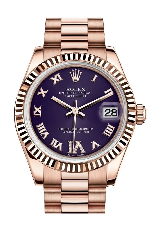 Rolex Datejust 31 Purple Large VI set with Diamond Dial Fluted Bezel 18K Everose Gold President Ladies Watch 178275