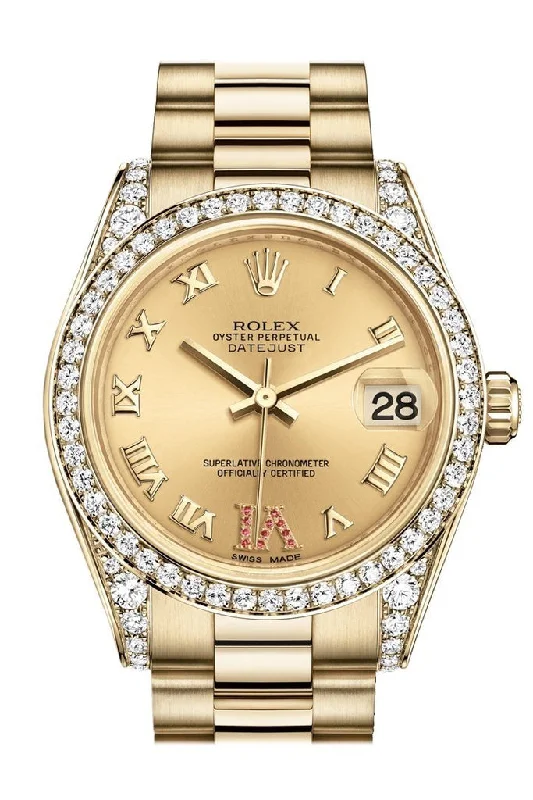 Rolex Datejust 31 Champagne Large VI Rubies Dial Diamond Bezel Lug 18K Yellow Gold President Ladies Watch 178158