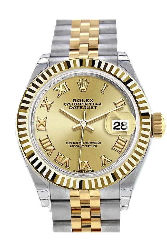 Rolex Datejust 28 Champagne Roman Dial Fluted Yellow Gold Two Tone Jubilee Ladies Watch 279173