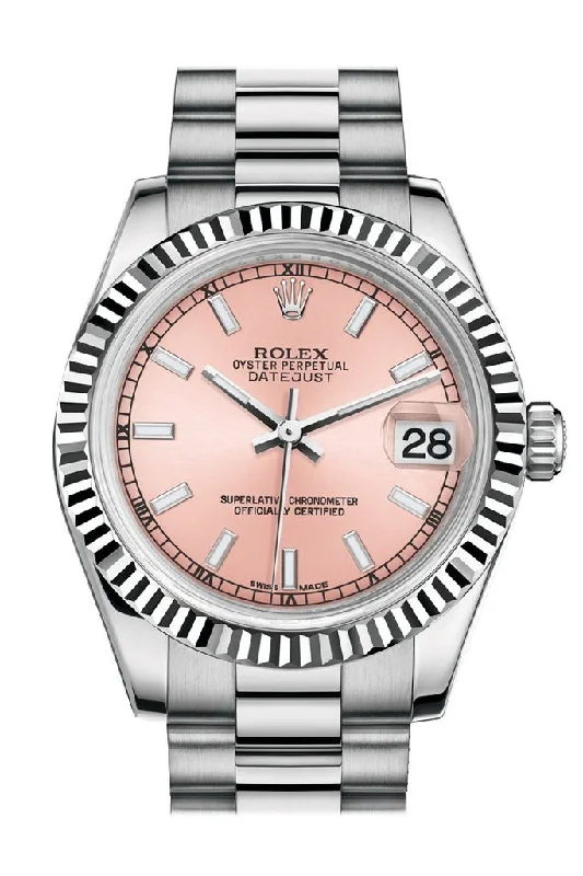 Rolex Datejust 31 Pink Dial Fluted Bezel 18K White Gold President Ladies Watch 178279