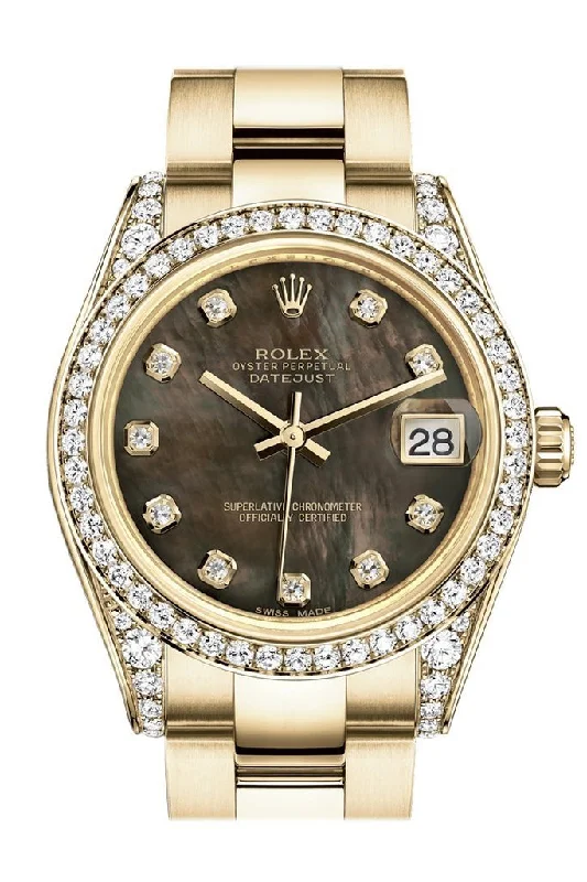 Rolex Datejust 31 Black Mother of Pearl Diamond Dial Diamond Bezel Lug 18K Yellow Gold Ladies Watch 178158