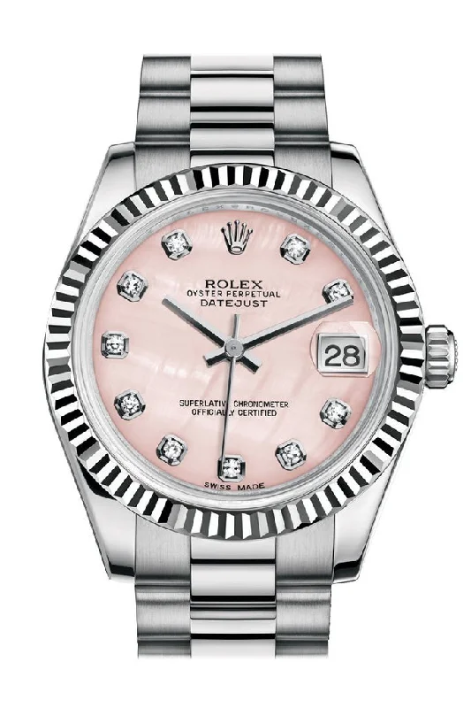 Rolex Datejust 31 Pink mother-of-pearl Diamond Dial Fluted Bezel 18K White Gold President Ladies Watch 178279