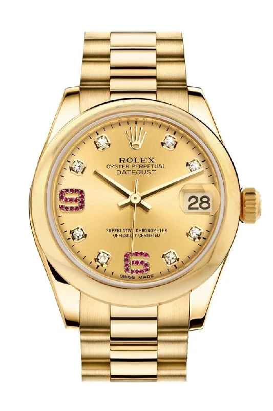 Rolex Datejust 31 Champagne Diamonds Rubies Dial 18K Yellow Gold President Ladies Watch 178248