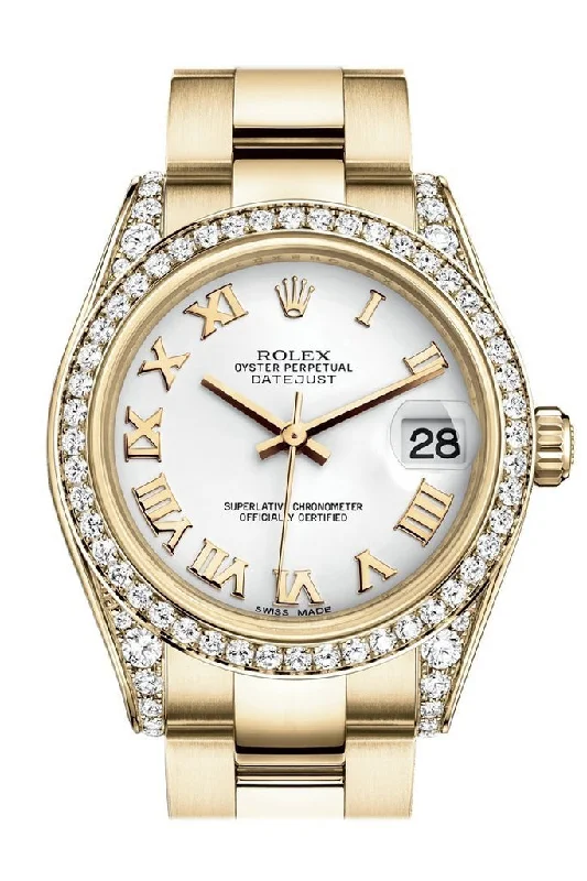 Rolex Datejust 31 White Roman Dial Diamond Bezel Lug 18K Yellow Gold Ladies Watch 178158