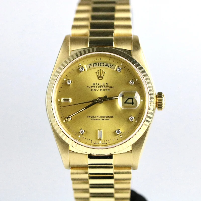 1987 Rolex 18038 Daydate 36mm 18K Yellow Gold Factory Diamond Dial with RSC(2023)