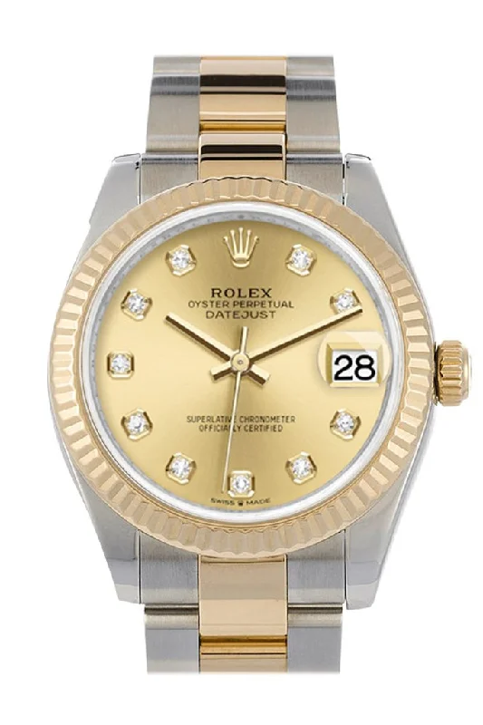 Rolex Datejust 31 Champagne Diamond Dial Fluted Bezel 18K Yellow Gold Two Tone Watch 278273