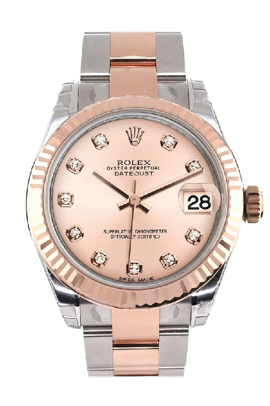 Rolex Datejust 31 Pink Diamond Dial Fluted Bezel 18K Rose Gold Two Tone Ladies Watch 178271