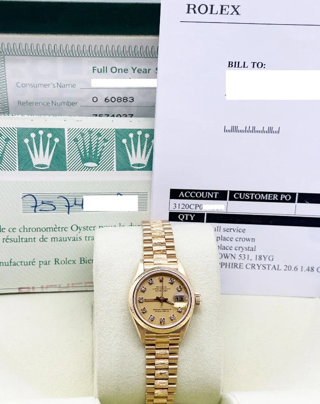 Rolex Ladies President Datejust 69278 Diamond Dial Bark Finish 18K Box Papers