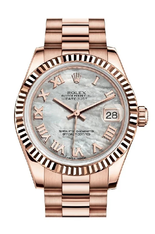 Rolex Datejust 31 White Mother of Pearl Roman Dial Fluted Bezel 18K Everose Gold President Ladies Watch 178275