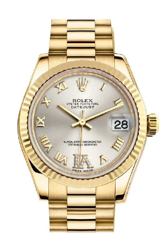 Rolex Datejust 31 Silver Large VI Rubies Dial Fluted Bezel 18K Yellow Gold President Ladies Watch 178278