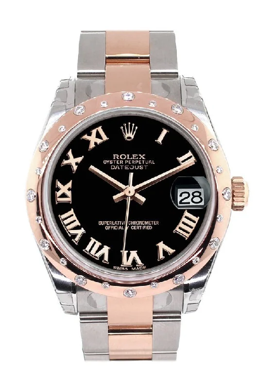 Rolex Datejust 31 Black Roman Dial Diamond Bezel 18K Rose Gold Two Tone Ladies Watch 178341