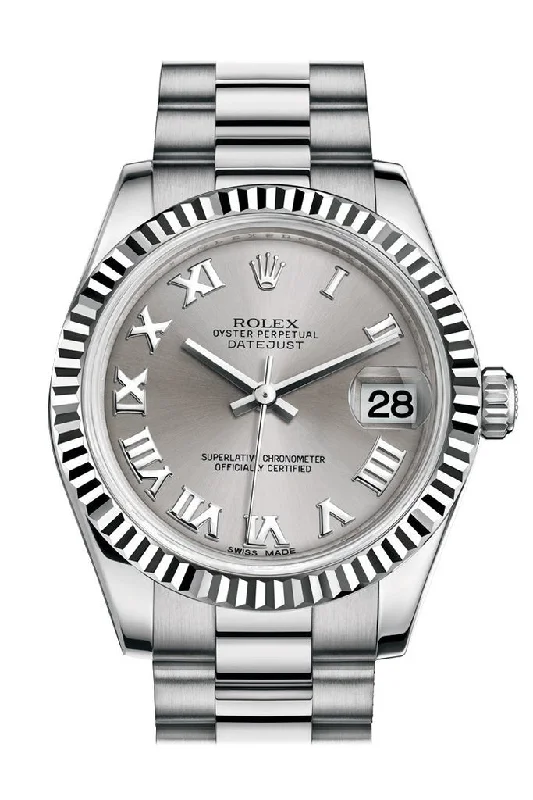 Rolex Datejust 31 Rhodium Roman Dial Fluted Bezel 18K White Gold President Ladies Watch 178279