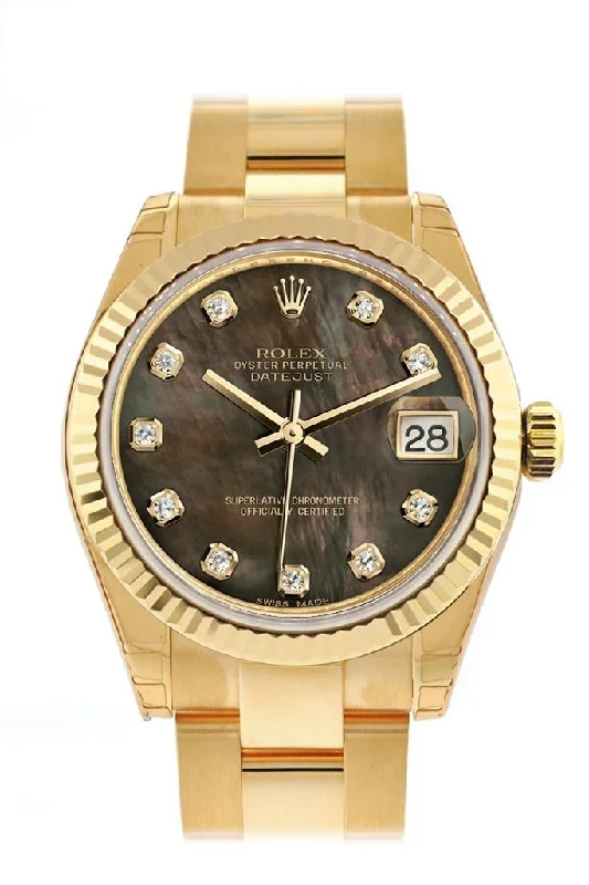 Rolex Datejust 31 Black Mother of Pearl Diamond Dial Fluted Bezel 18K Yellow Gold Ladies Watch 178278