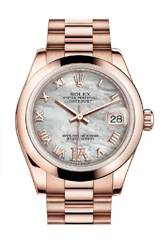 Rolex Datejust 31 White Mother of Pearl Roman Large VI Diamond Dial 18K Everose Gold President Ladies Watch 178245