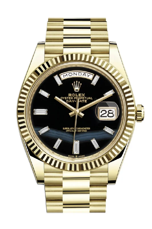 Rolex Day-Date 40 Onyx 10 Baguette Diamond Dial 18K Yellow Gold President Men's Watch 228238