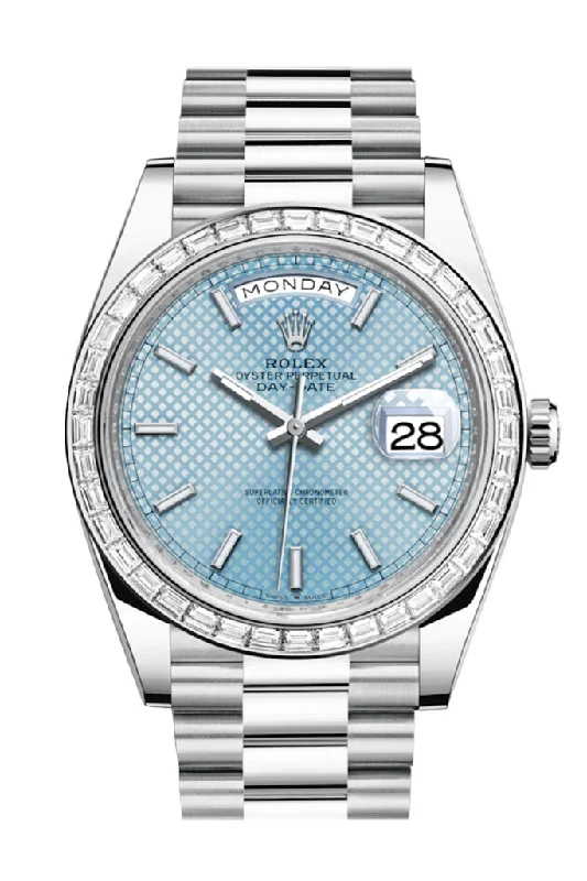 Rolex Day-Date 40 Ice Blue Diagonal Motif Roman Dial 40 Baguette Diamond Bezel Platinum President Automatic Men's Watch 228396TBR 228396