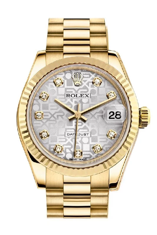 Rolex Datejust 31 Silver Jubilee Diamond Dial Fluted Bezel 18K Yellow Gold President Ladies Watch 178278