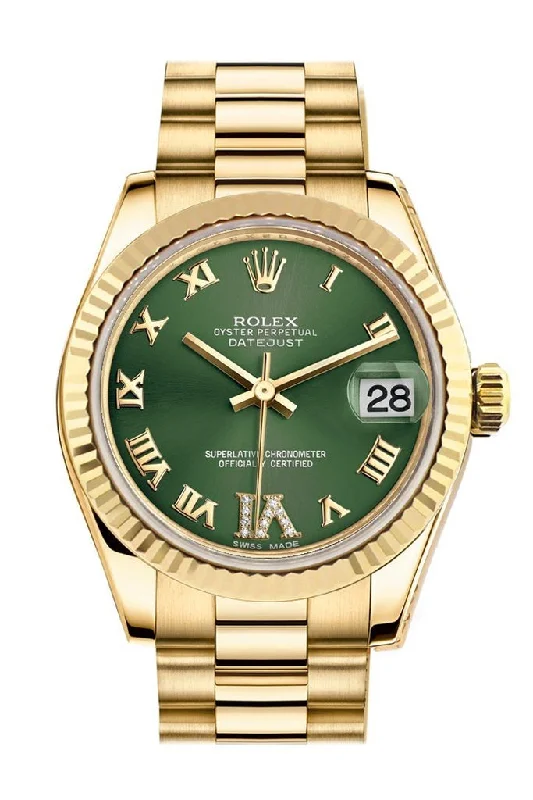 Rolex Datejust 31 Olive Green VI Diamonds Dial Fluted Bezel 18K Yellow Gold President Ladies Watch 178278