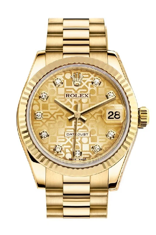 Rolex Datejust 31 Champagne Jubilee Diamond Dial Fluted Bezel 18K Yellow Gold President Ladies Watch 178278