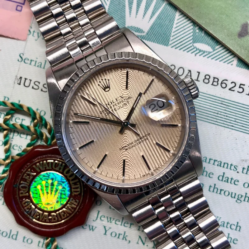 1991 Rolex Datejust 16220 Silver Tapestry Steel Jubilee Wristwatch with Box and Papers