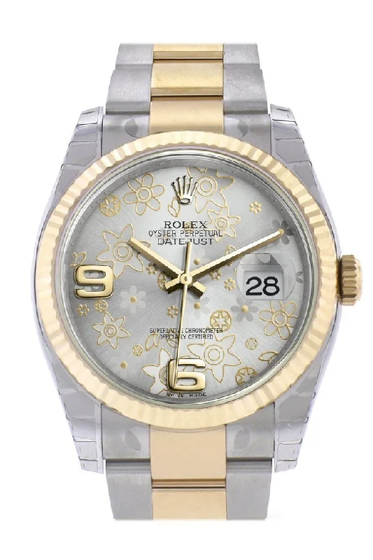 Rolex Datejust 36 Silver floral motif Dial Fluted 18K Gold Two Tone Oyster Watch 116233