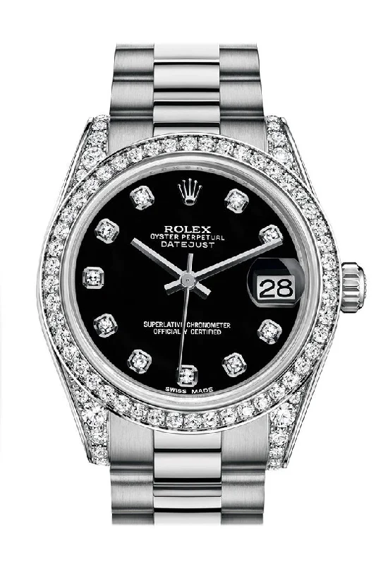 Rolex Datejust 31 Black Diamond Dial Diamond Bezel Lug 18K White Gold President Ladies Watch 178159