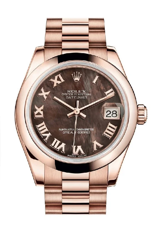 Rolex Datejust 31 Black Mother of Pearl Roman Dial 18K Everose Gold President Ladies Watch 178245