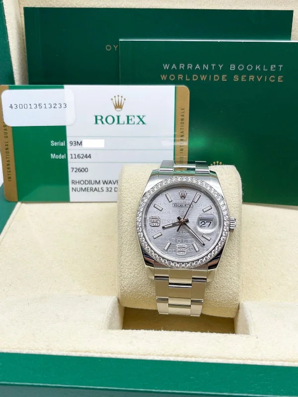 Rolex Datejust 116244 Rhodium Wave Dial Factory Diamond Bezel Box Paper 2017