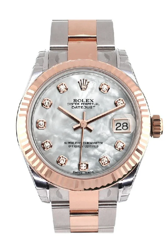 Rolex Datejust 31 White Mother of Pearl Diamond Dial Fluted Bezel 18K Rose Gold Two Tone Ladies Watch 178271