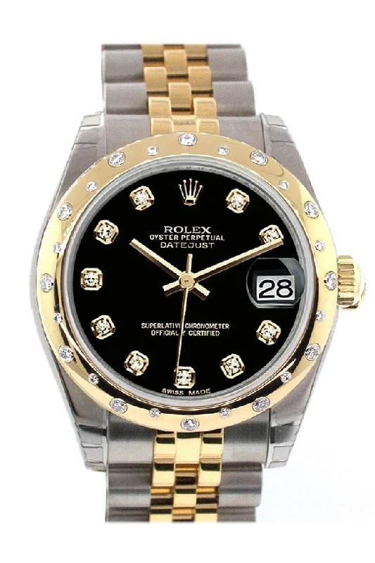 Rolex Datejust 31 Black Diamond Dial Diamond Bezel 18K Gold Two Tone Jubilee Ladies 178343