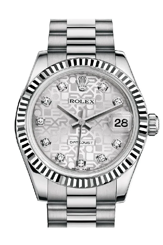 Rolex Datejust 31 Silver Jubilee Diamond Dial Fluted Bezel 18K White Gold President Ladies Watch 178279